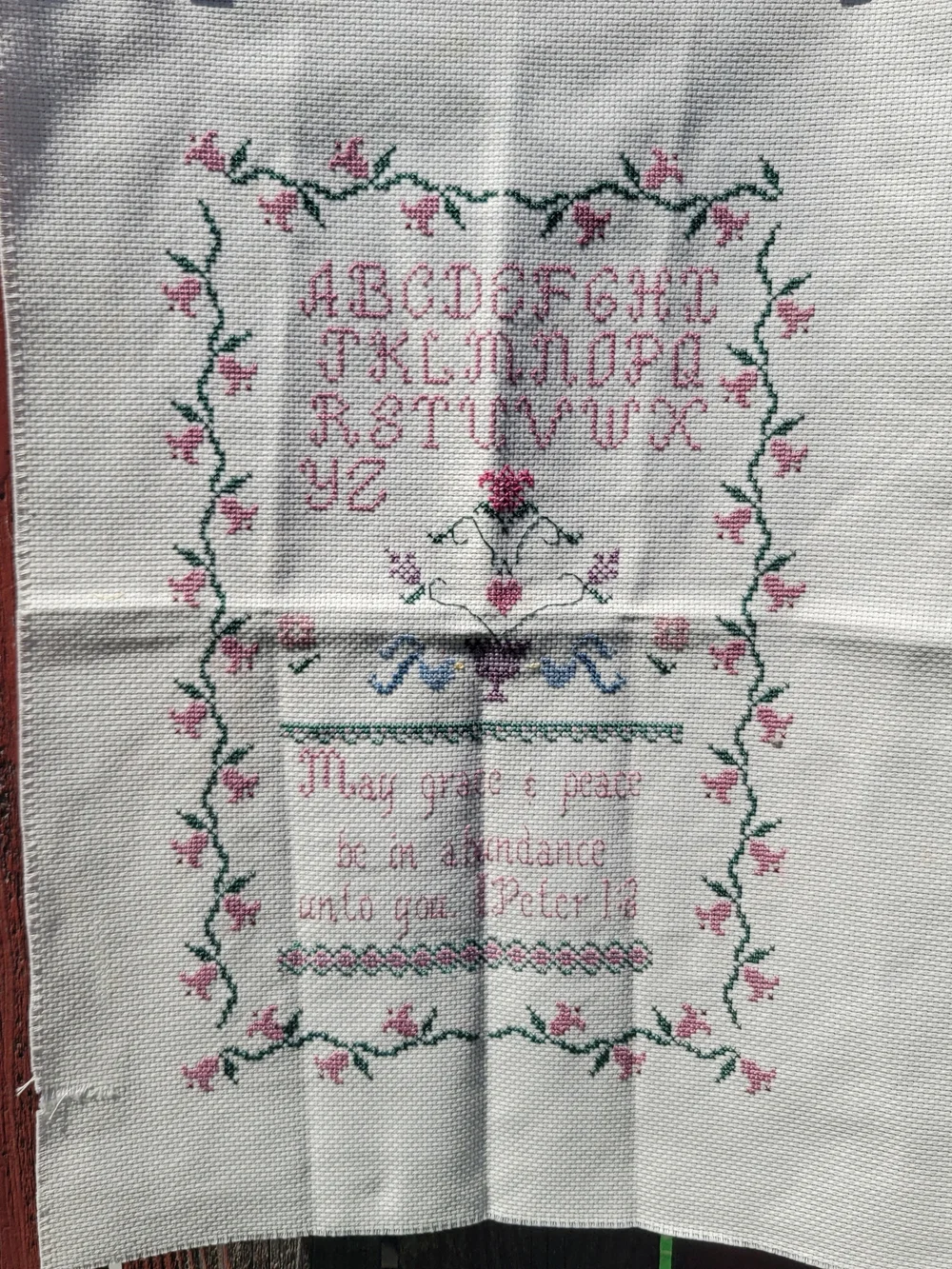 VTG Finished Cross Stitch Alphabet Floral Cottagecore Bible Verse Peter 1:2